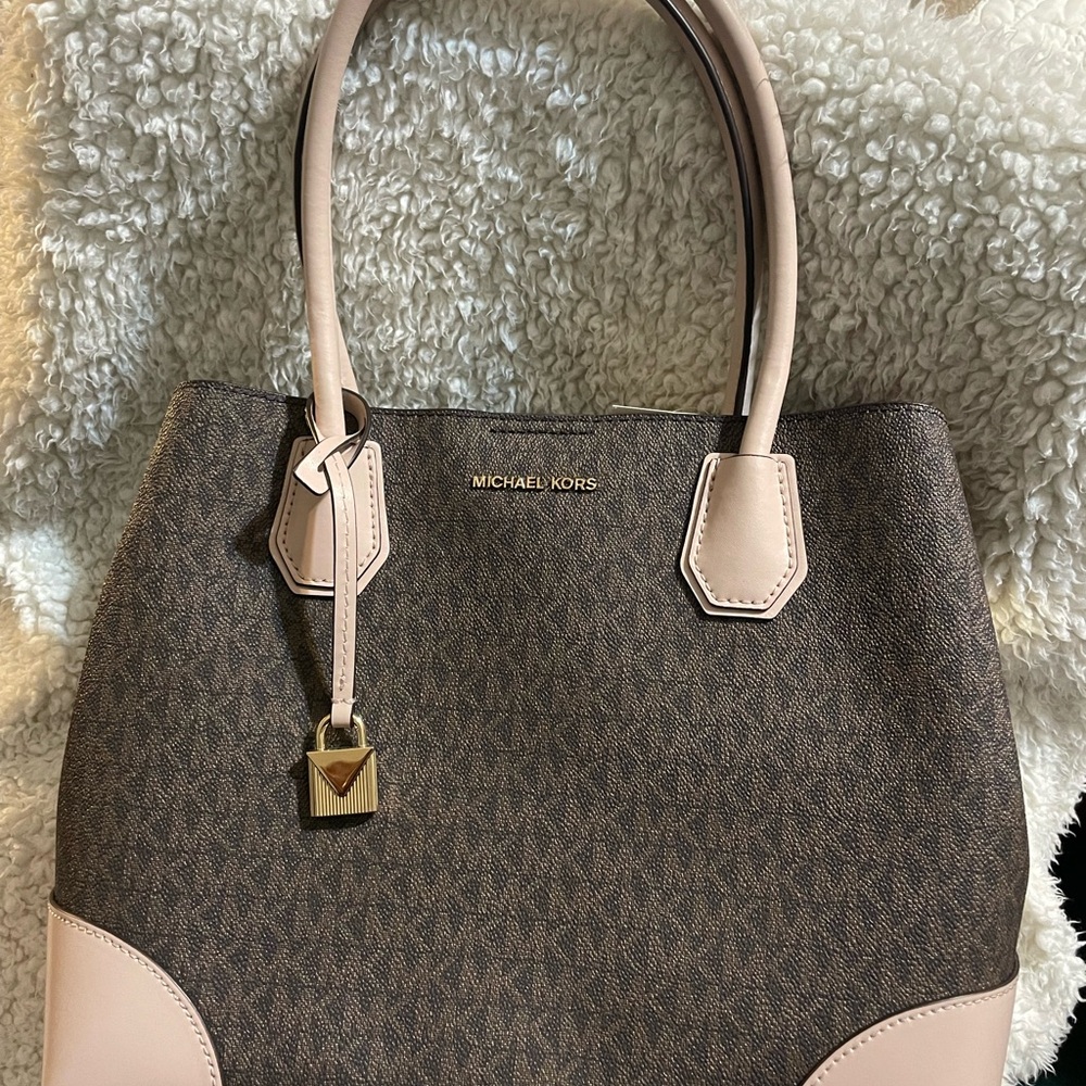 Michael Kors Brown and Pink Tote with Structured Shape and Textured Material